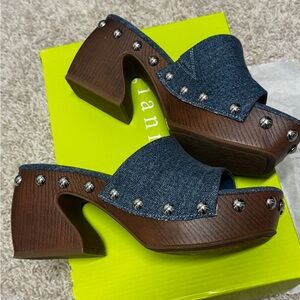 Gianni Bini Denim and Brown Studded Mules
